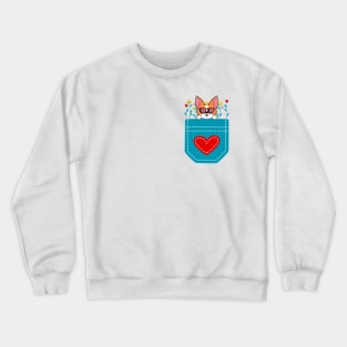 Cute Dog Red Heart Flowers Pocket Crewneck Sweatshirt